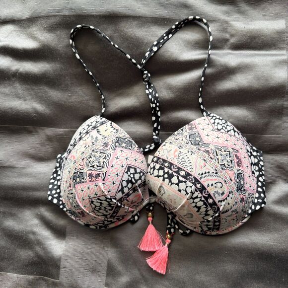 VICTORIA'S SECRET Black White Paisley Boho Swim Push Up Bikini Top Size 36DD - Picture 1 of 4
